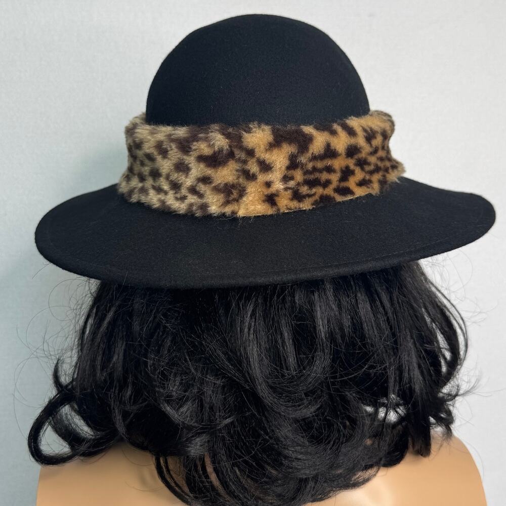 Vintage 1980s Black Wool Felt Wide Brim Hat Leopard Faux Fur Made USA 22” - Picture 4 of 14